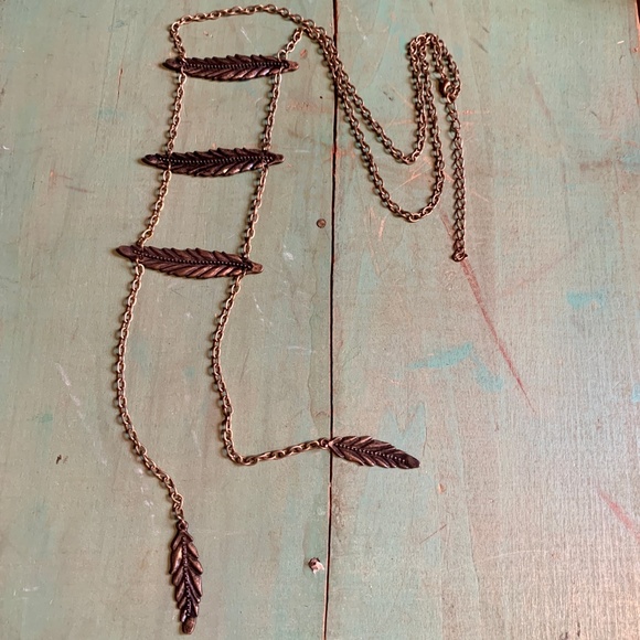 Antiqued Brass Leaf Necklace - Long Horizontal Leaf Dangles Necklace -  🍁 - Picture 1 of 7